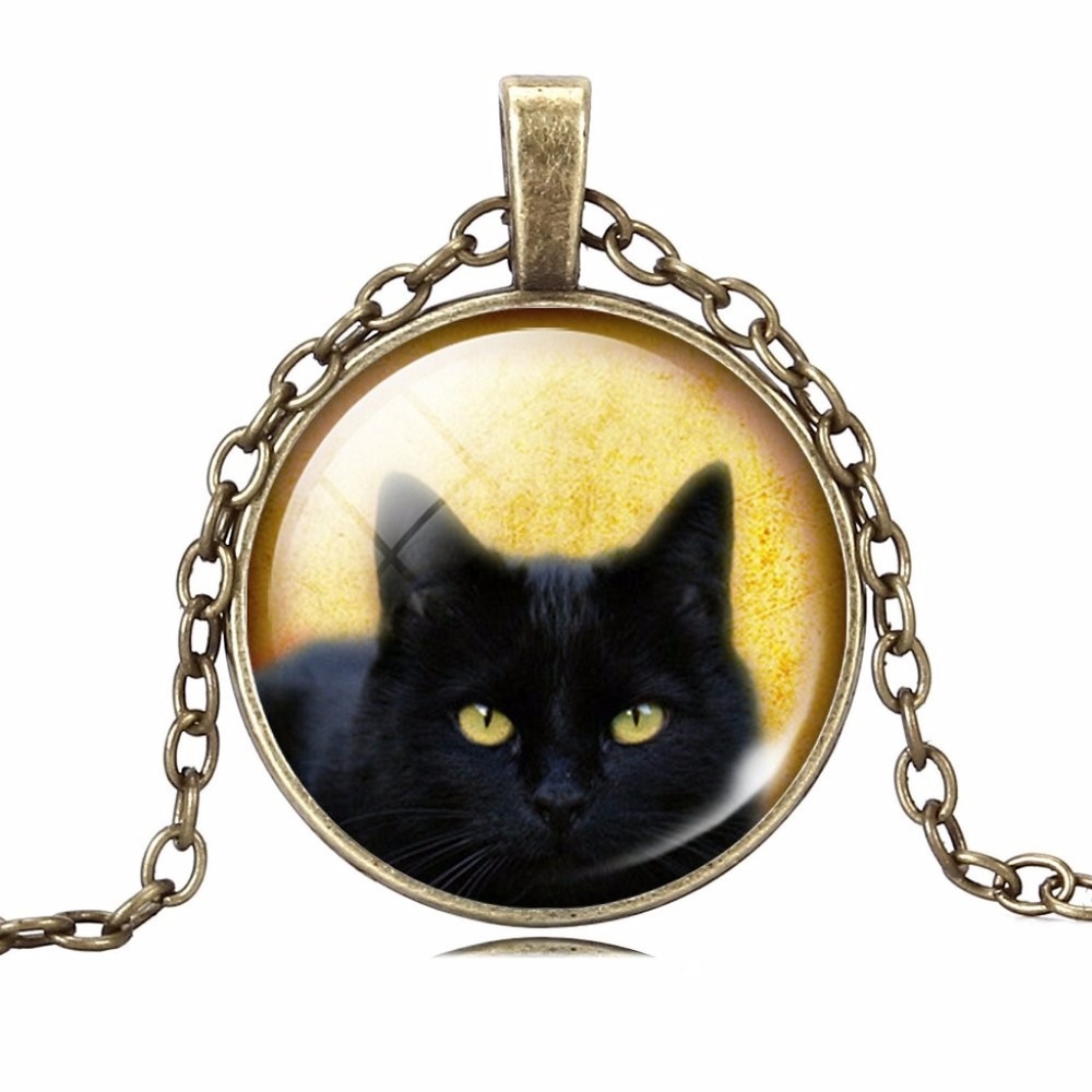 Mysterious Black Cat Pendant Bronze Necklace